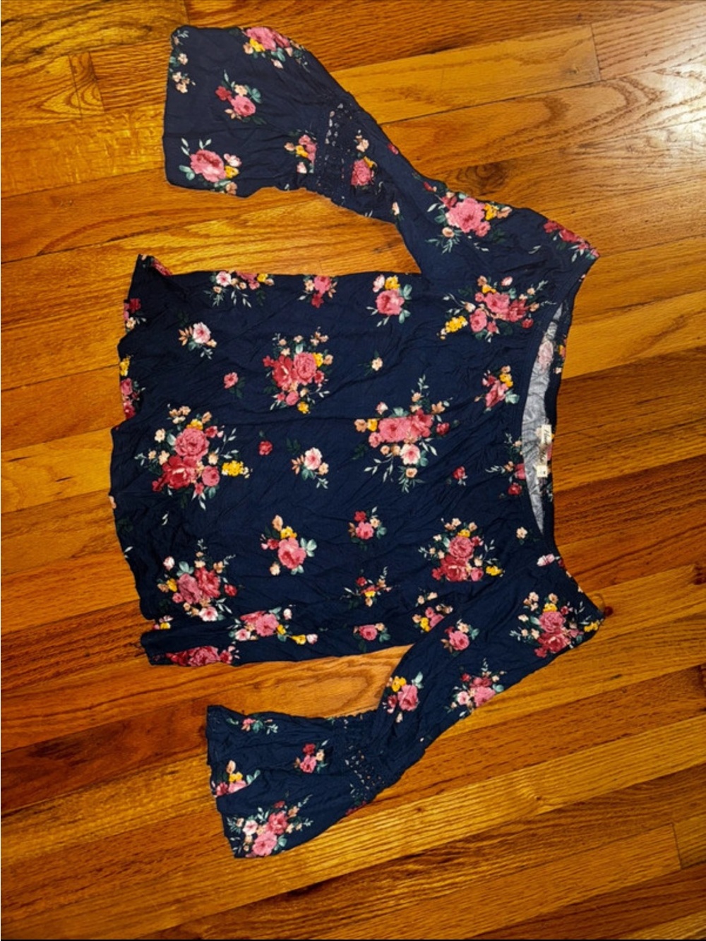 Heart Hips Navy Floral Peplum Blouse with Bell Sleeves